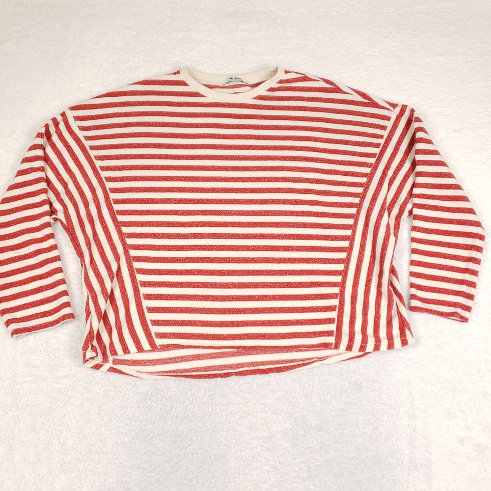 Zara Trafaluc Womens Red Cream‎ Striped Oversized Cotton Long Sleeve Top Small